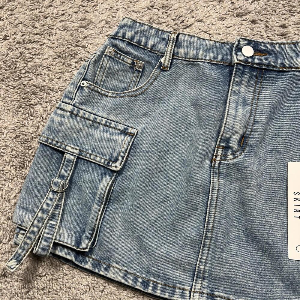 NWT NEW Y2K Orange Kiss Ultra Low Waist Denim Cargo Mini Skirt Sz Medium - Picture 3 of 7